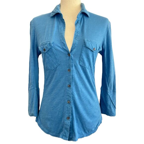 Standard James Perse Contrast Panel Shirt Size M 2 Blue Button Up Fitted Top - Picture 1 of 14